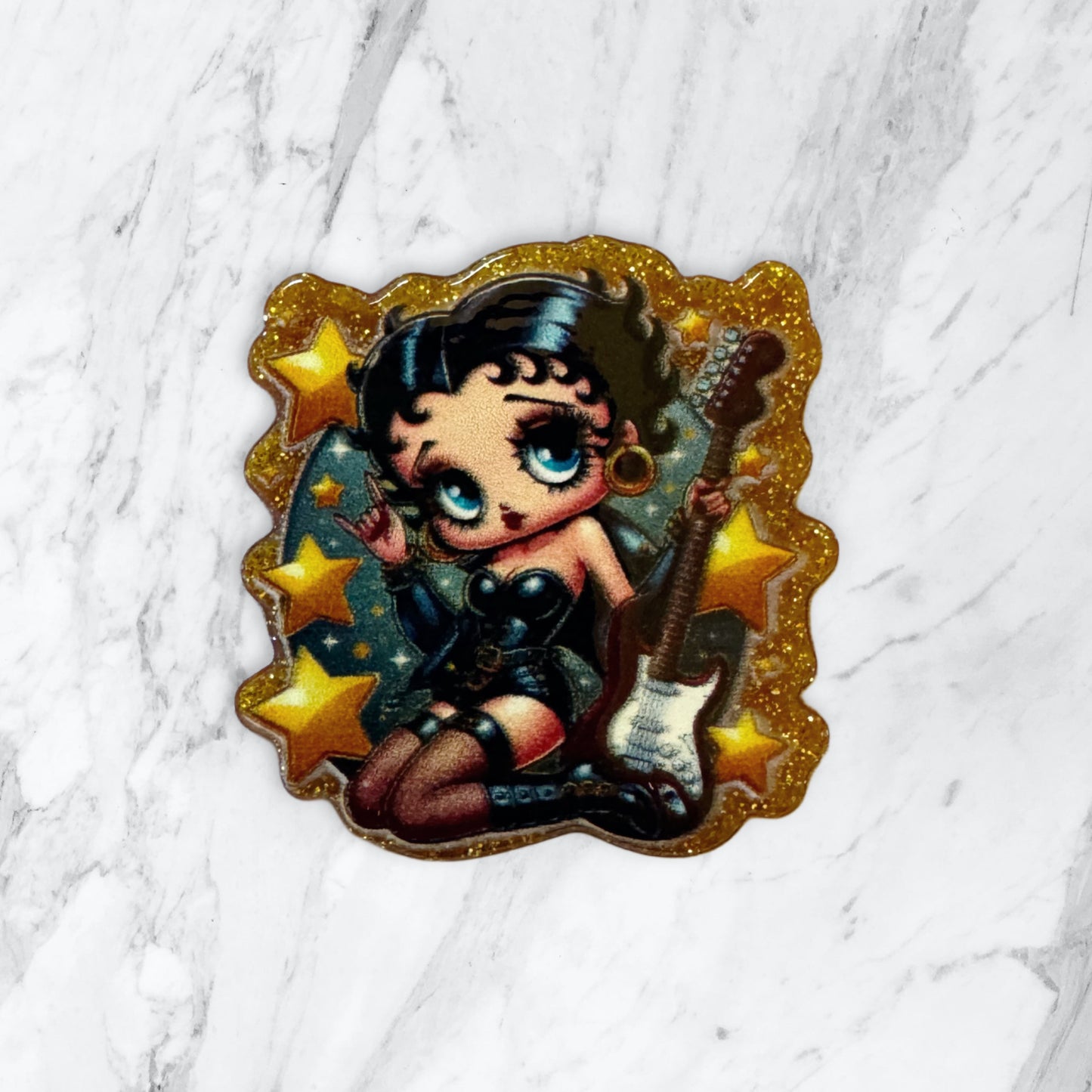 5 Pieces Betty Boop Rock and Roll Guitar Flatback One Sided Planar Acrylic with Glitter Back for Keychains, Badge Reels, Earrings and More!
