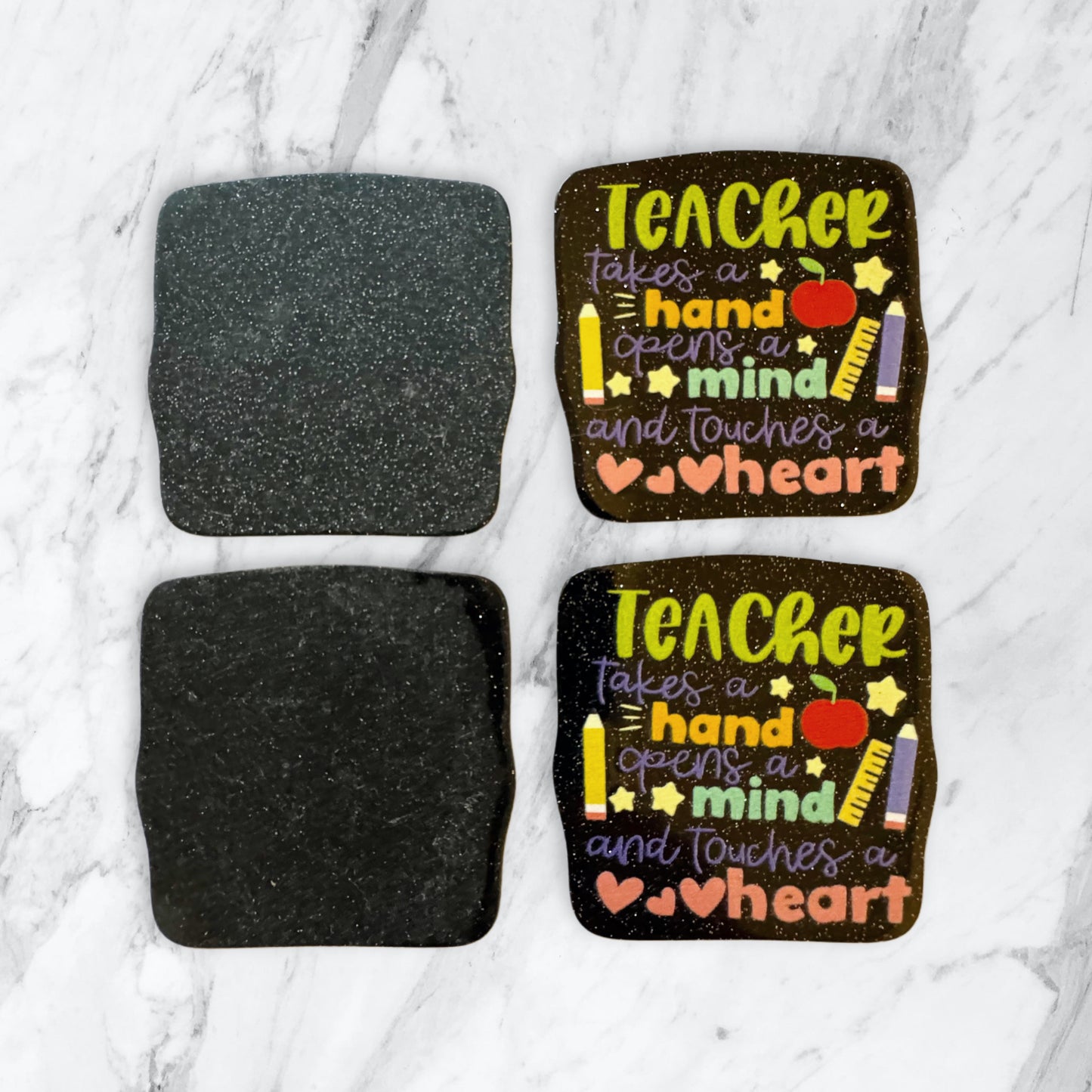 5 Pieces Teacher Takes a Hand Opens a Mind and Touches a Heart Flatback One Sided Planar Acrylic with Glitter Back for Keychains, Badge Reels, Earrings and More!