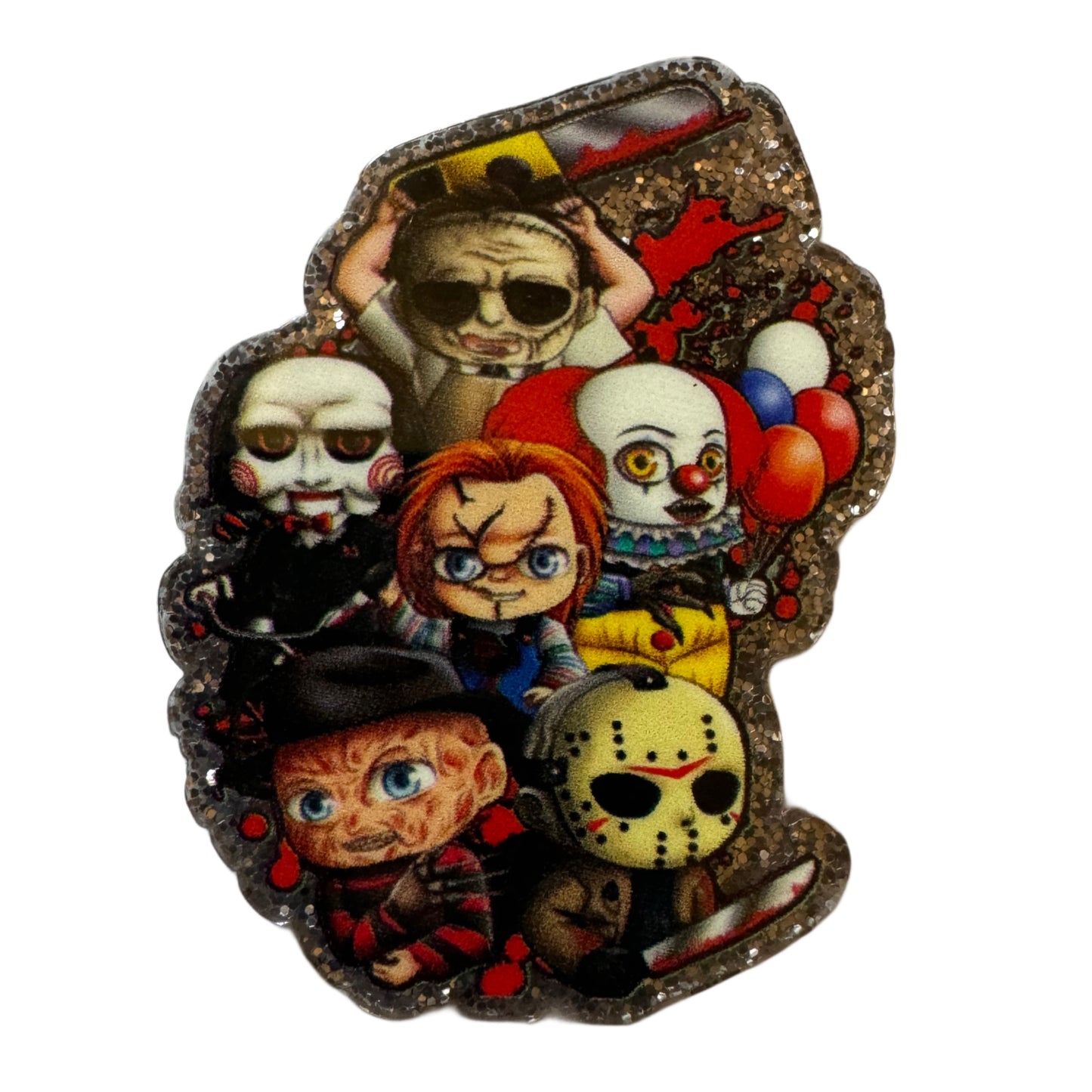 5 Pieces of Your Favorite Friendly Halloween Horror Characters Flatback One Sided Planar Acrylic with Glitter Back for Keychains, Badge Reels, Earrings & More! 6 Characters Leatherface, Pennywise, Chucky, Freddy, Jason and Billy