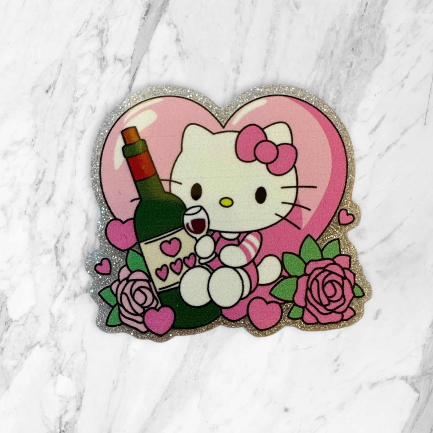 5 Pieces Hello Kitty Loves Wine with a Glass of Wine and Large Heart Flatback One Sided Planar Acrylic with Glitter Back for Keychains, Badge Reels, Earrings & More
