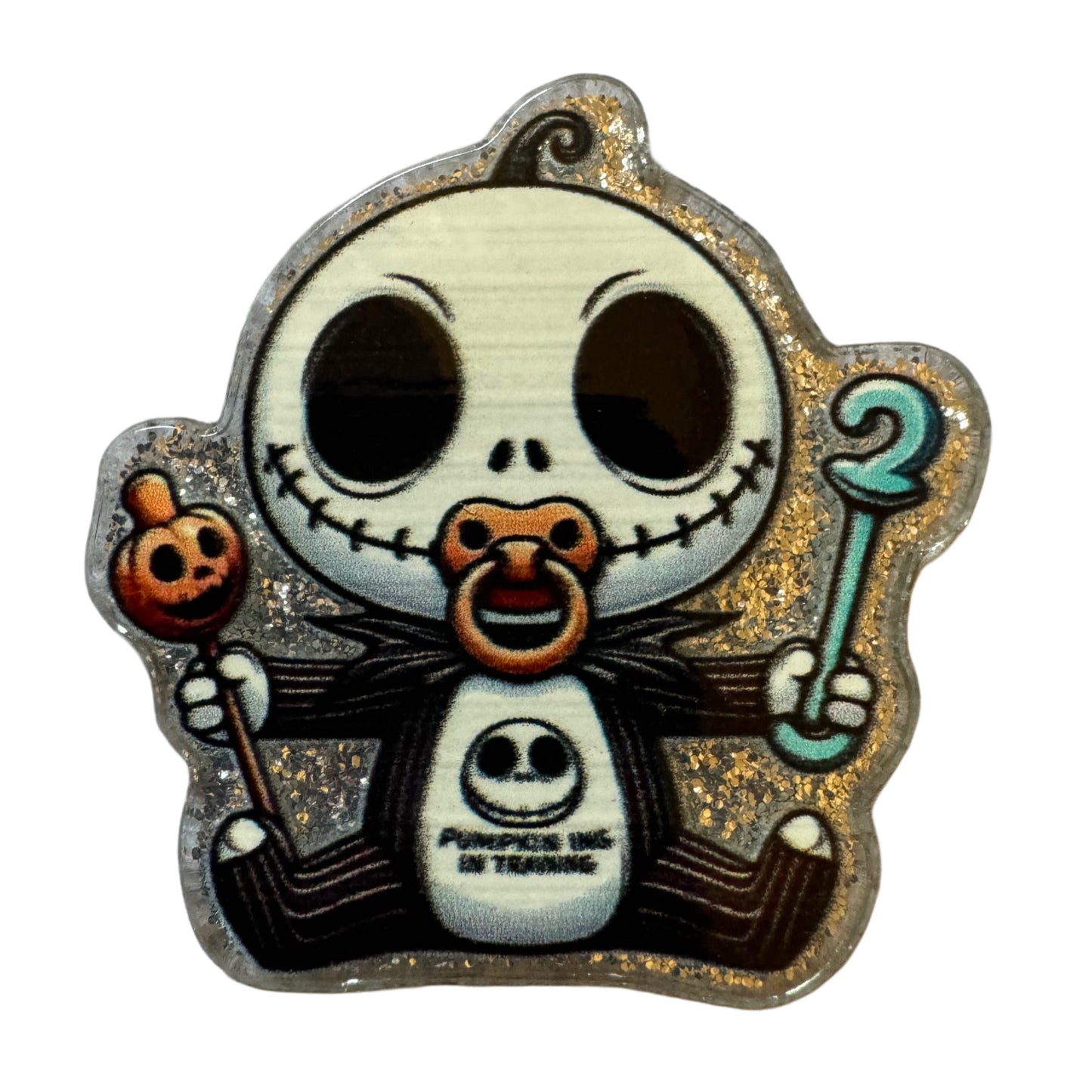 CUSTOMIZED! 5 Pieces Baby Jack Skellington with Rattle Halloween Horror Characters Flatback One Sided Planar Acrylic with Glitter Back for Keychains, Badge Reels, Earrings & More!
