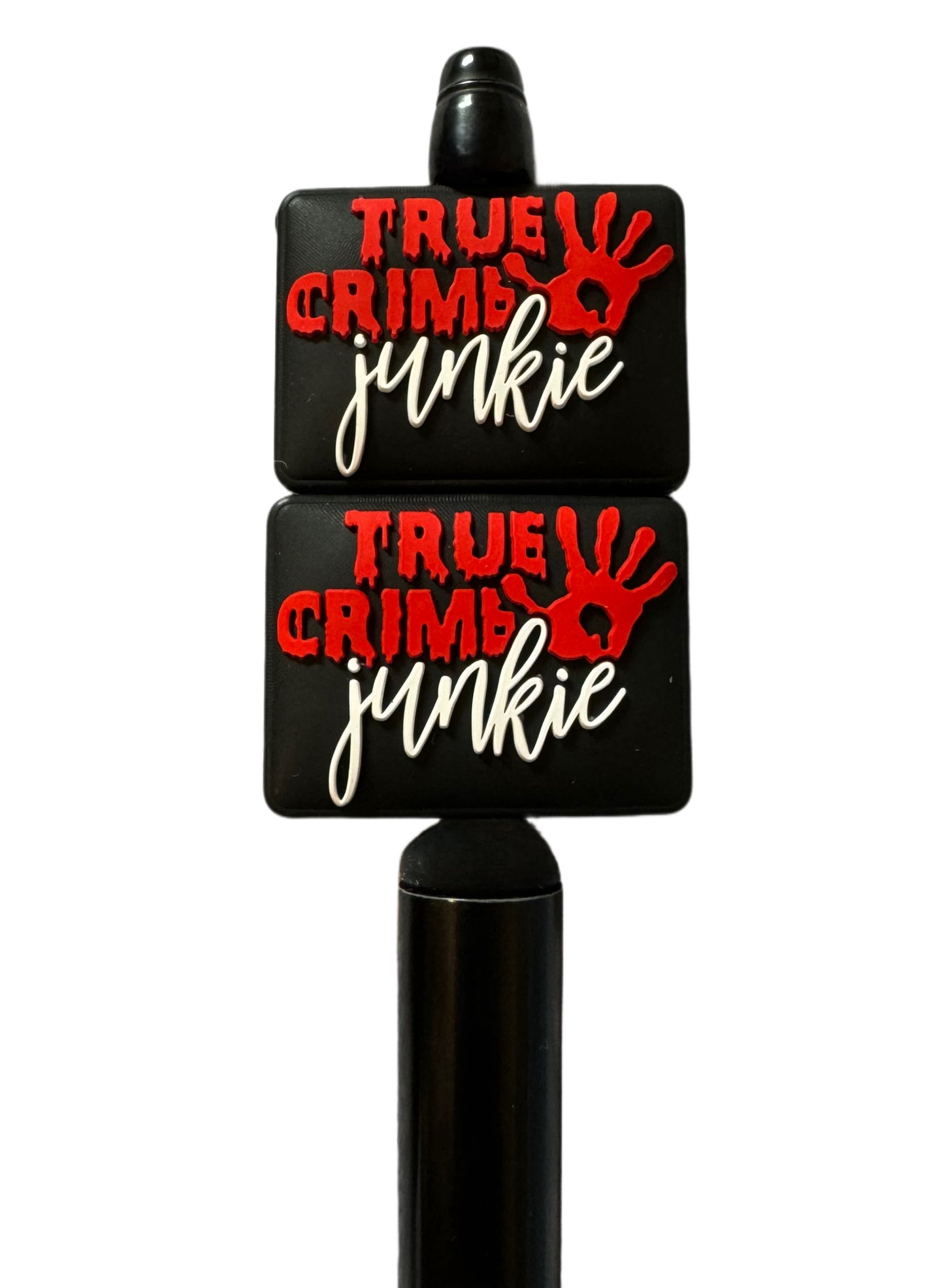 True Crime Junkie with Bloody Handprint Silicone Focal Bead for Beadable Pens, Stylus, Pencils, Keychains and More