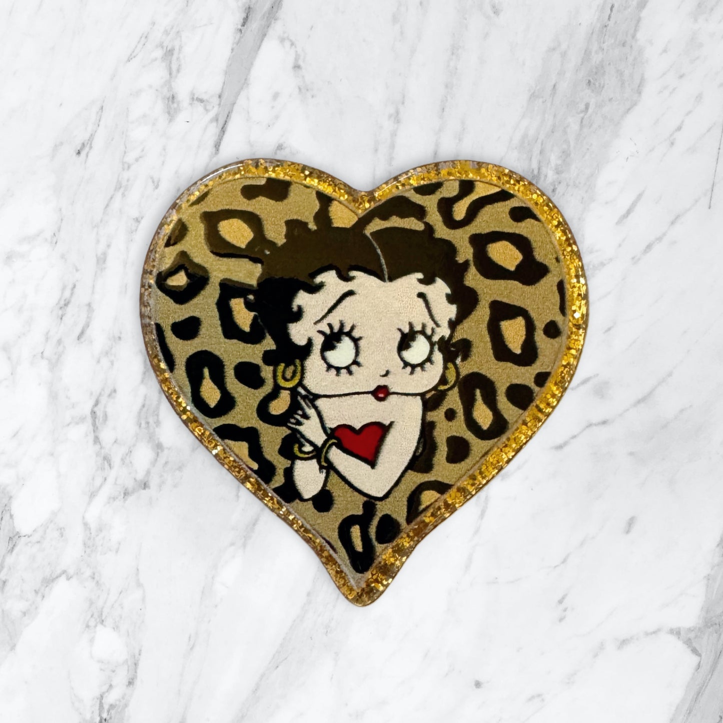 5 Pieces Betty Boop in a Gold Leopard Print Heart Flatback One Sided Planar Acrylic with Glitter Back for Keychains, Badge Reels, Earrings and More!