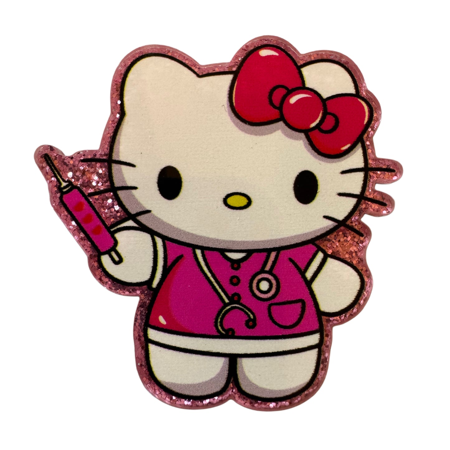 5 Pieces Hello Kitty Medical Nurse or Doctor with Needle Flatback One Sided Planar Acrylic with Glitter Back for Keychains, Badge Reels, Earrings & More