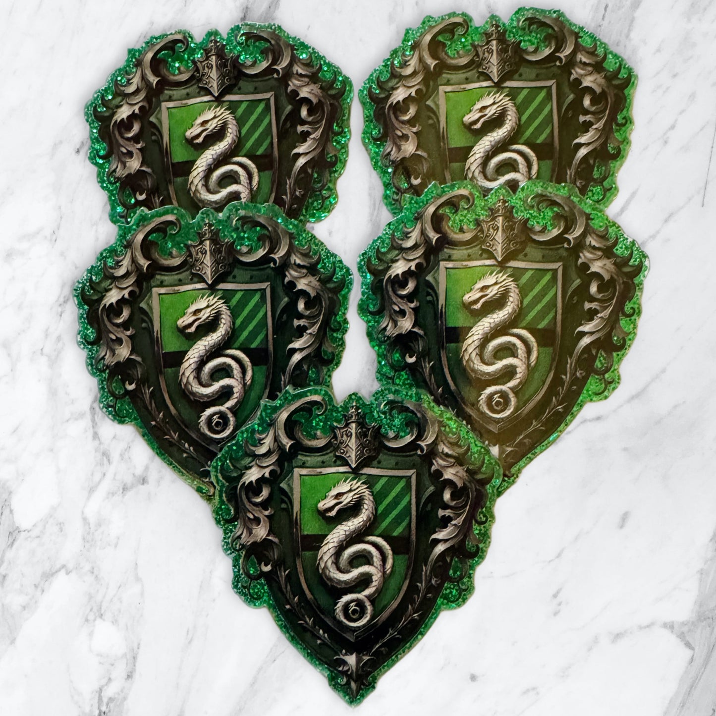 5 Pieces Hogwarts Wizarding School Houses Mix Flatback One Sided Glitter Back Planar Acrylic for Keychains, Badge Reels, Earrings and More!