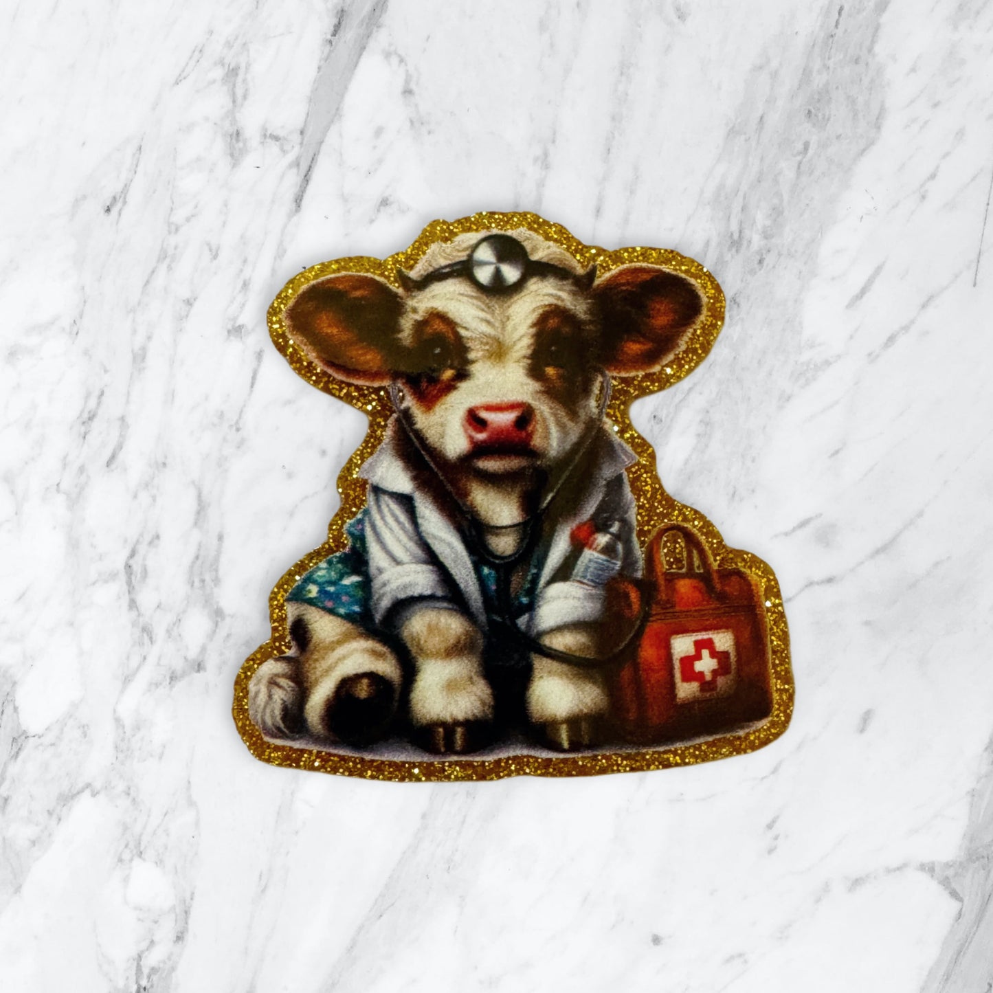 5 Pieces Kawaii Baby Cow Calf as Medical Doctor or Nurse Flatback One Sided Planar Acrylic with Glitter Back for Keychains, Badge Reels, Earrings & More