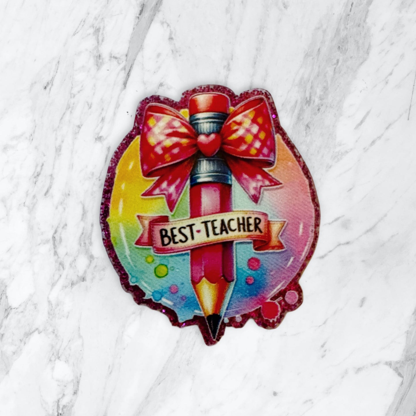 5 Pieces Best Teacher with Pencil and Bow Flatback One Sided Planar Acrylic with Glitter Back for Keychains, Badge Reels, Earrings and More!