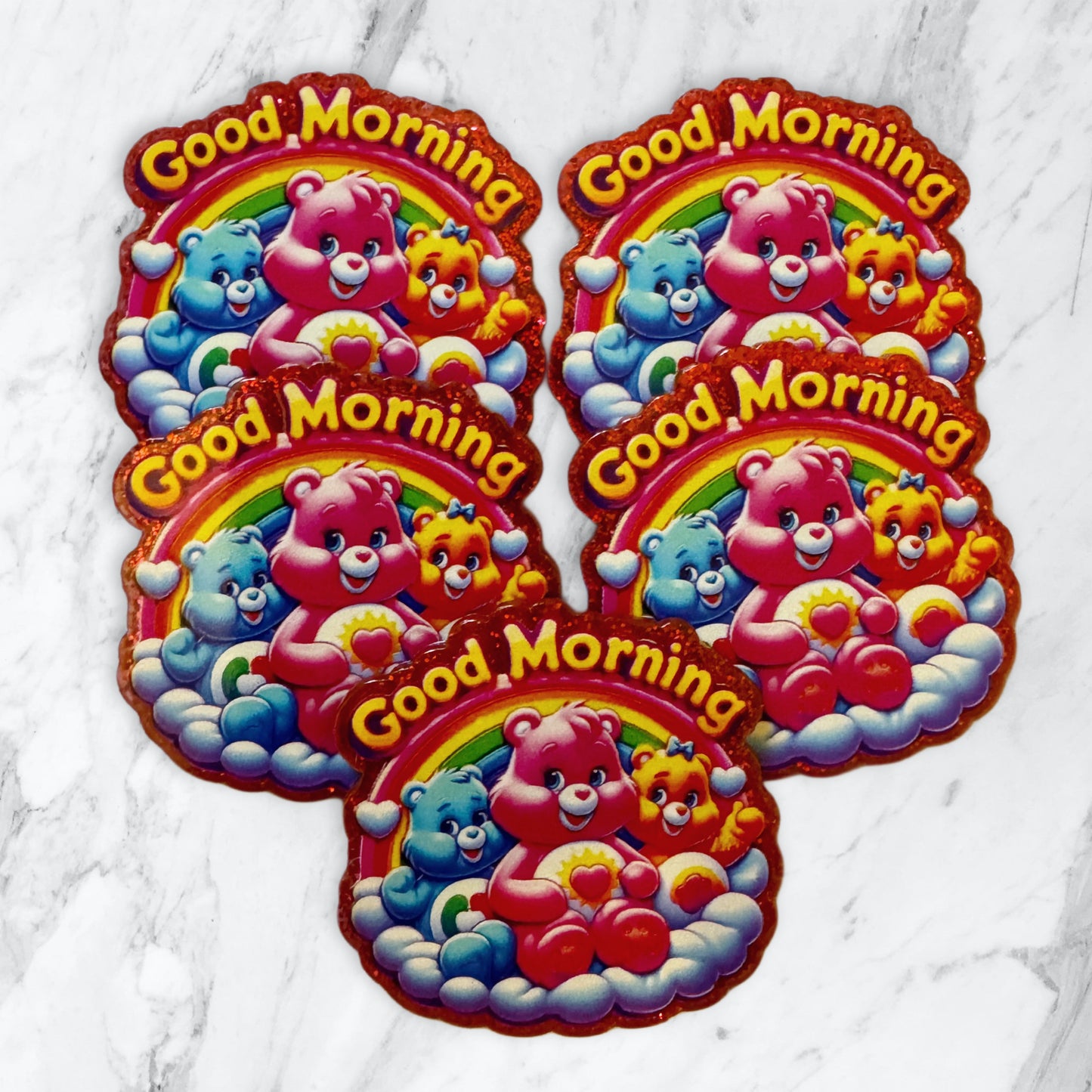5 Pieces Good Morning Care Bear Friends Planar Acrylic with Glitter Back for Keychains, Badge Reels, Earrings and More!