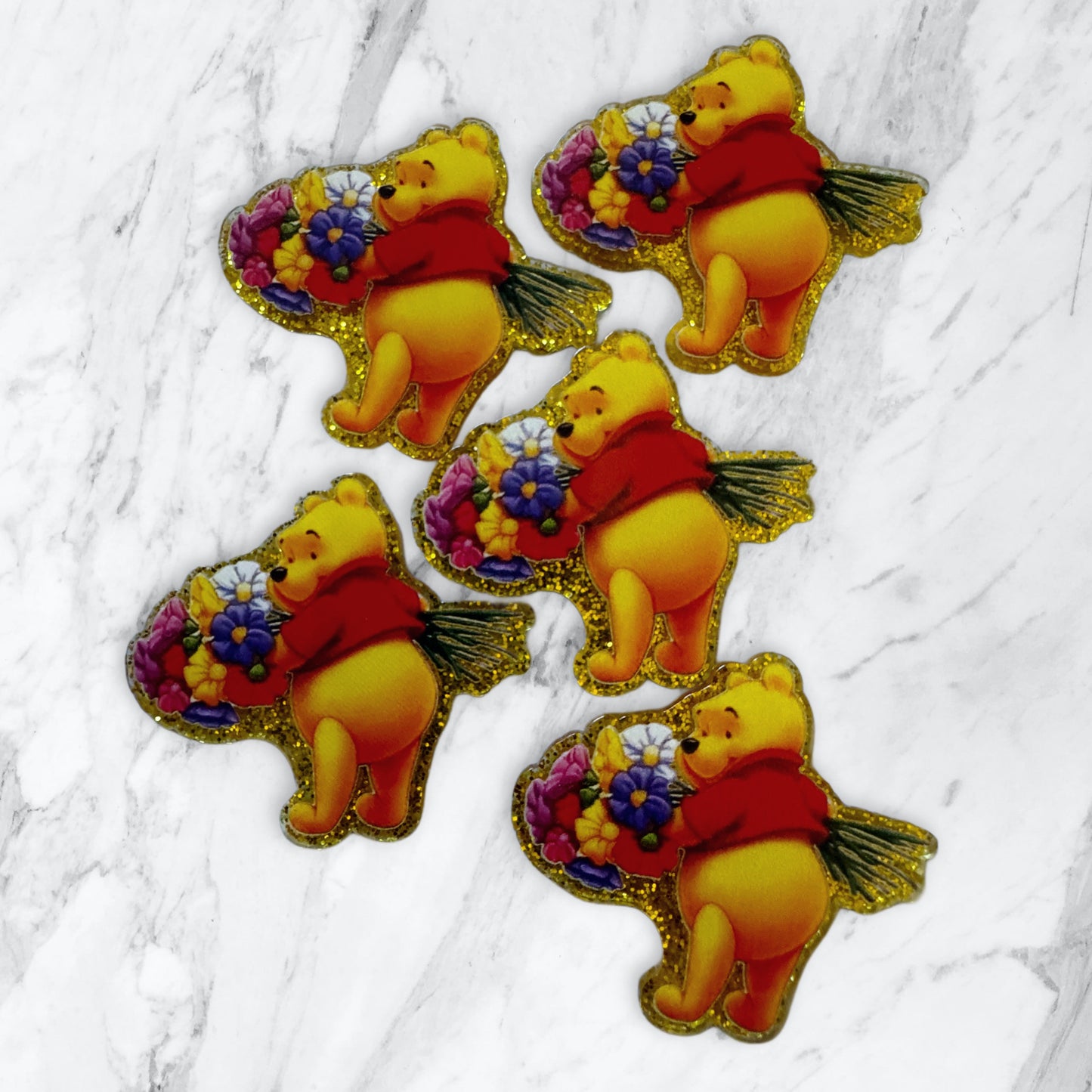 5 Pieces Cute Winnie the Honey Bear with Flowers One Sided Flatback Planar Acrylic with Glitter Back for Keychains, Badge Reels, Earrings and More!