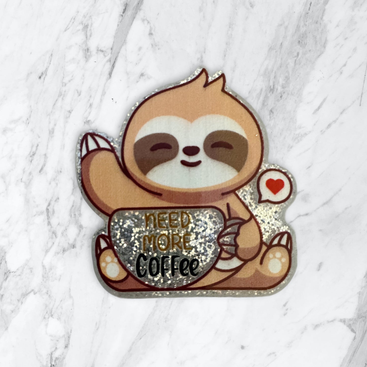 5 Pieces Need More Coffee with Cute Sloth and Coffee Cup Flatback One Sided Glitter Back Planar Acrylic for Keychains, Badge Reels, Earrings and More!