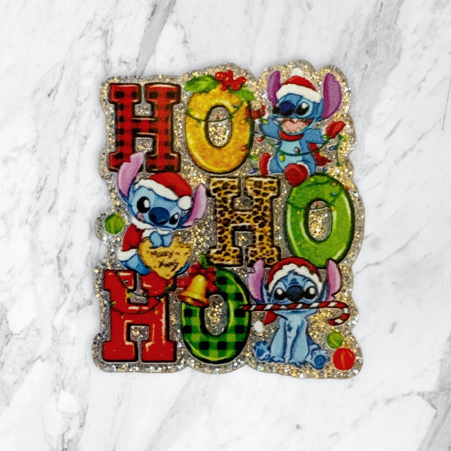 5 Pieces Ho Ho Ho Christmas Santa Claus Stitch Flatback One Sided Planar Acrylic with Glitter Back for Keychains, Badge Reels, Earrings and More!