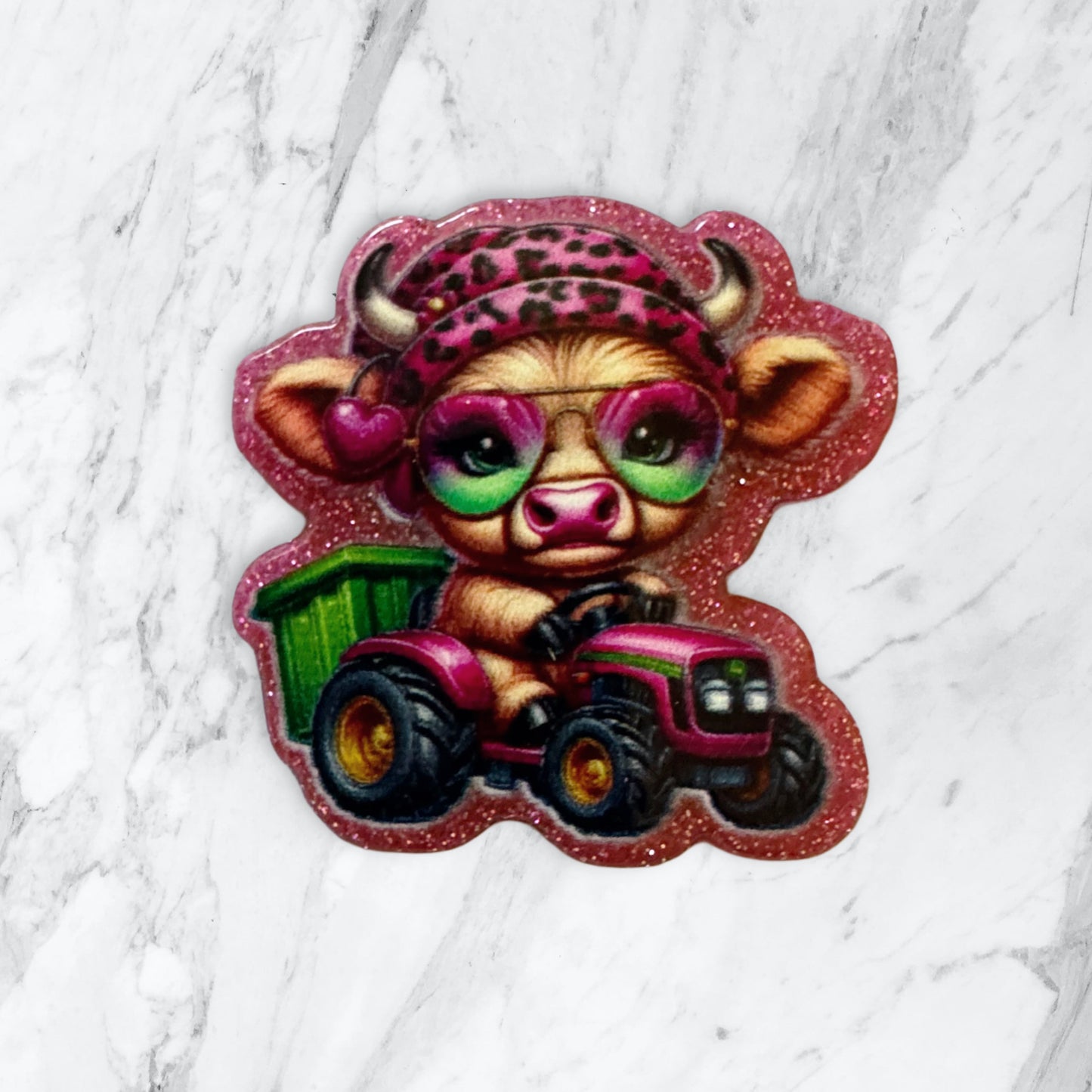 5 Pieces Cute Mini Cow on a Tractor Farming One Sided Flatback Planar Acrylic with Glitter Back for Keychains, Badge Reels, Earrings and More!