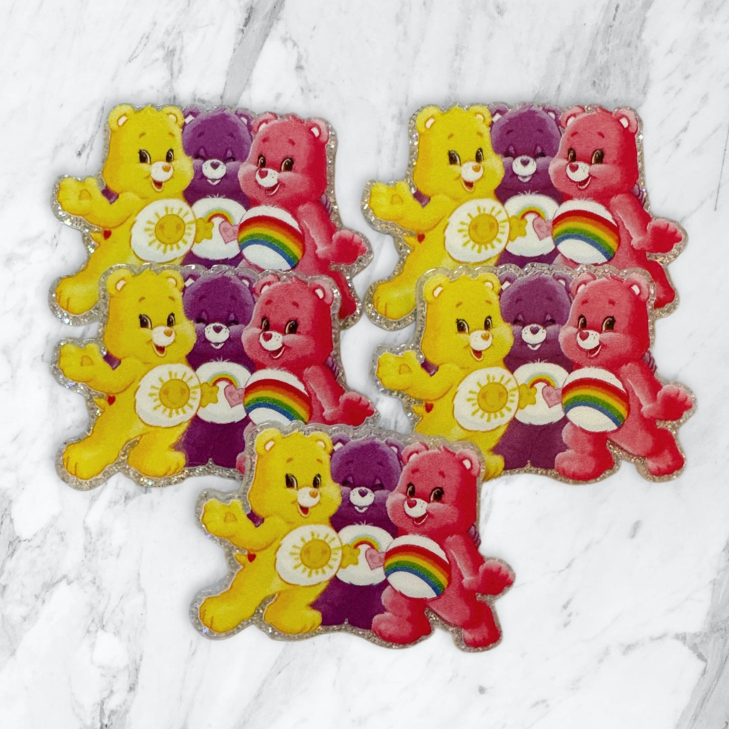 5 Pieces Three Care Bear Friends with Rainbows and Sunshine Planar Acrylic with Glitter Back for Keychains, Badge Reels, Earrings and More!