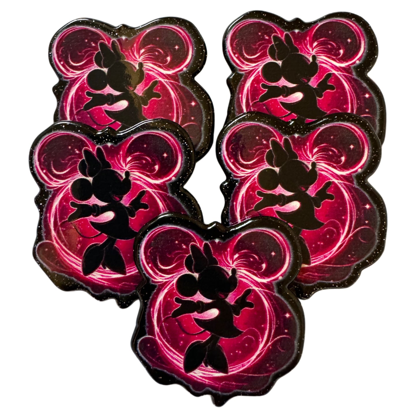 CUSTOMIZED! 5 Pieces Minnie Mouse Head with Pink Artistic Swirls and Black Character Outline Planar Acrylic with Glitter Back for Keychains, Badge Reels, Earrings and More!