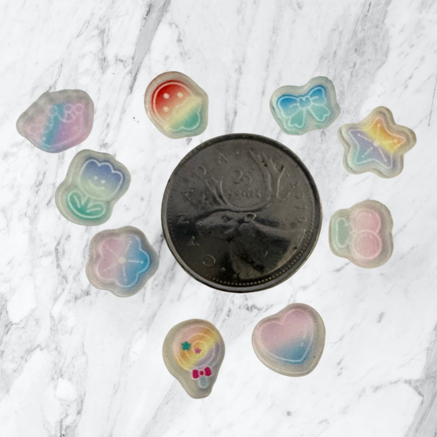 50 Pieces 1cm Kawaii Mix with Bows, Hearts, Cherries, Ice Cream and Stars Flatback One Sided Acrylic for Phone Cases, Earrings and More!