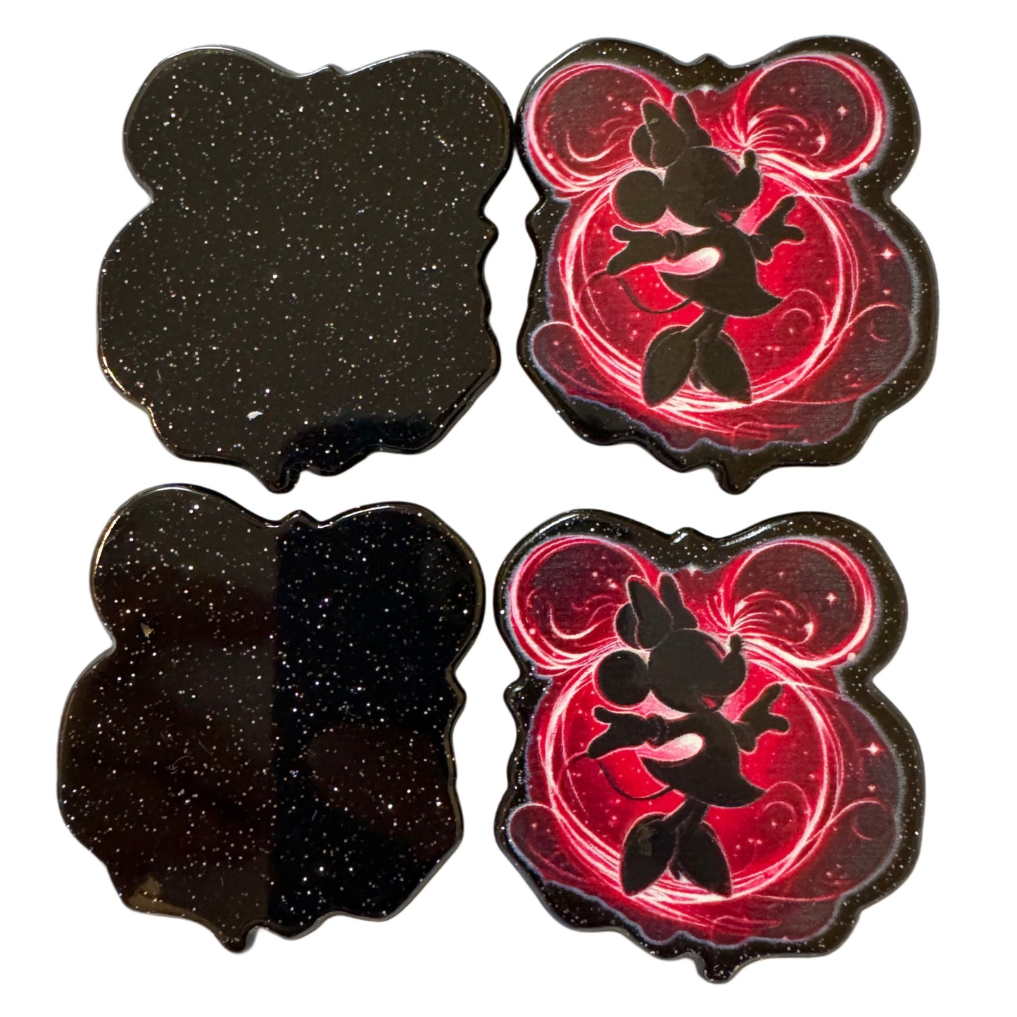 CUSTOMIZED! 5 Pieces Minnie Mouse Head with Pink Artistic Swirls and Black Character Outline Planar Acrylic with Glitter Back for Keychains, Badge Reels, Earrings and More!