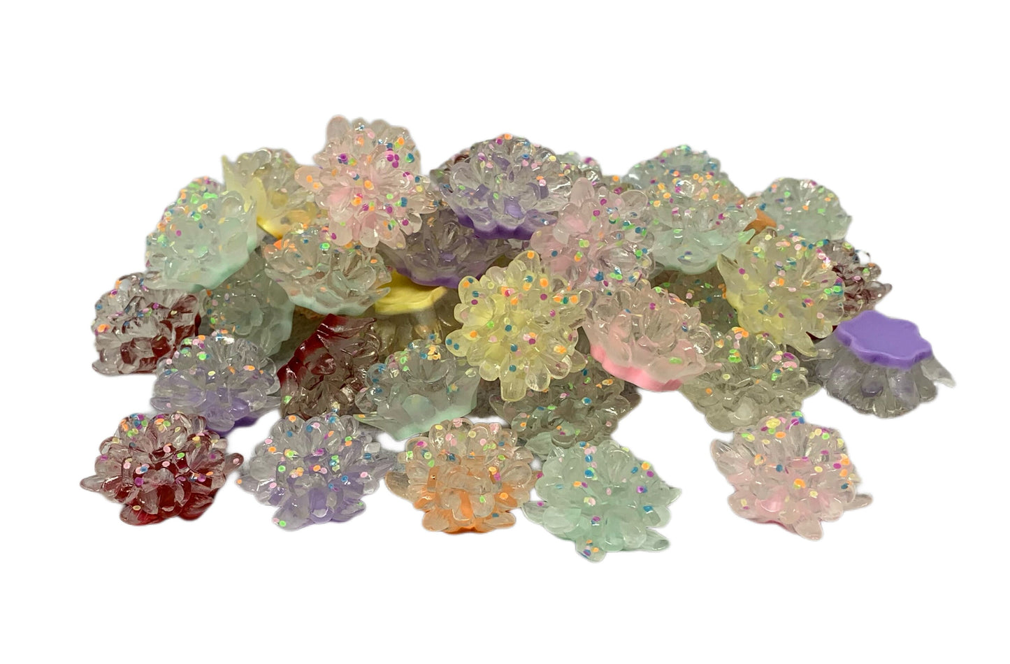 New Price! 24mm GLOW Clear with Mixed Color Camilla Flower Cabochon Flat Back DYI Phone Cases Water Bottles Scrapbook Hair Accessory