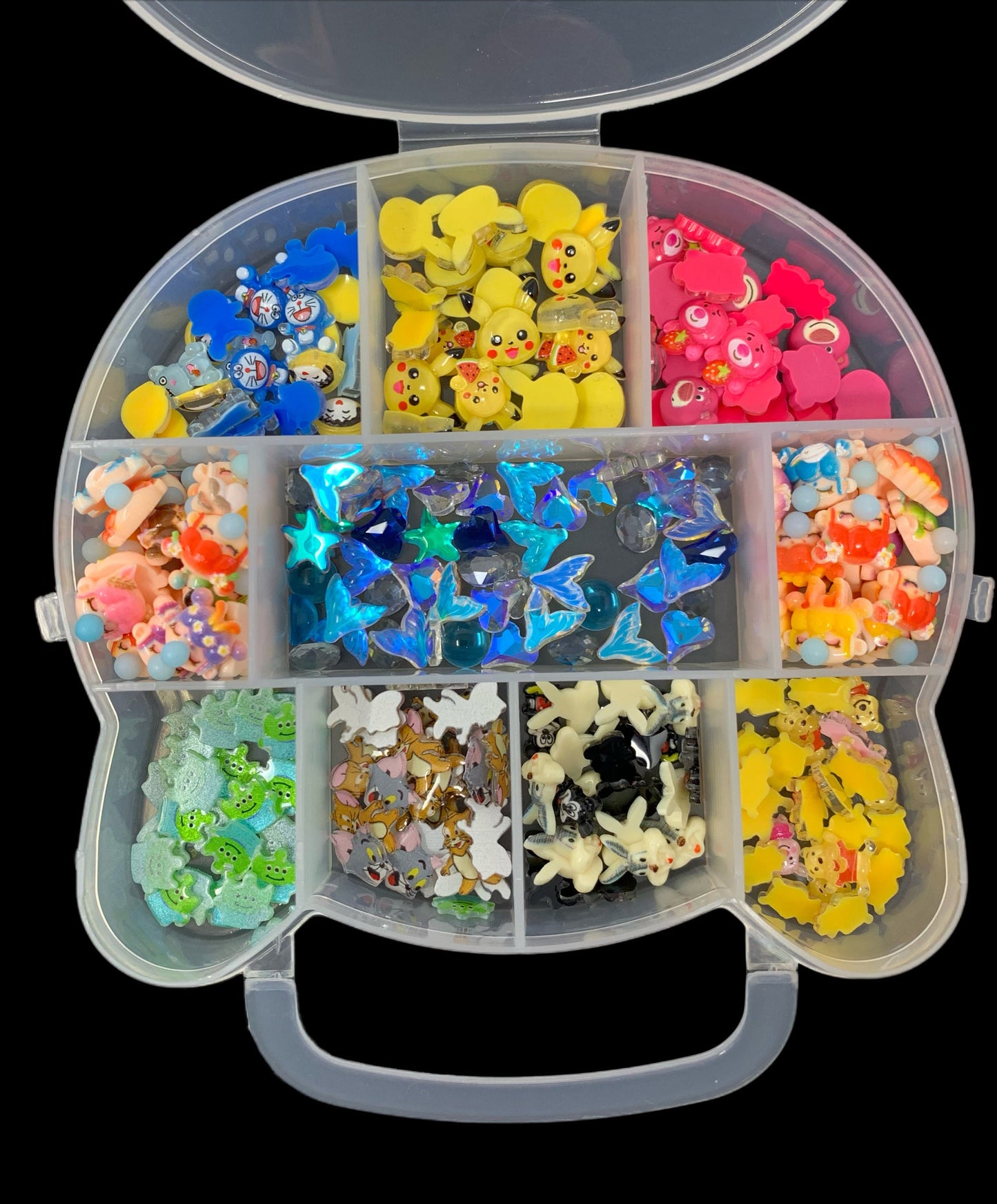 Clear Plastic Kitty Organizer Filled With Resin Nail Charms of Hello Kitty, Kuromi, Sanrio, Kirby, or Kawaii K9 Glass Great Gift Idea!