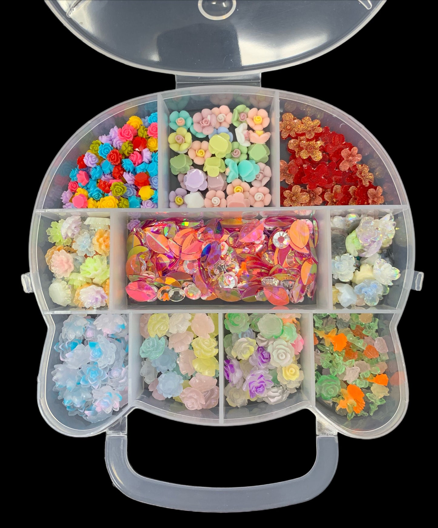Clear Plastic Kitty Organizer Filled With Resin Nail Charms of All Butterfly and Bugs or All Flowers Makes Great Gift Idea!