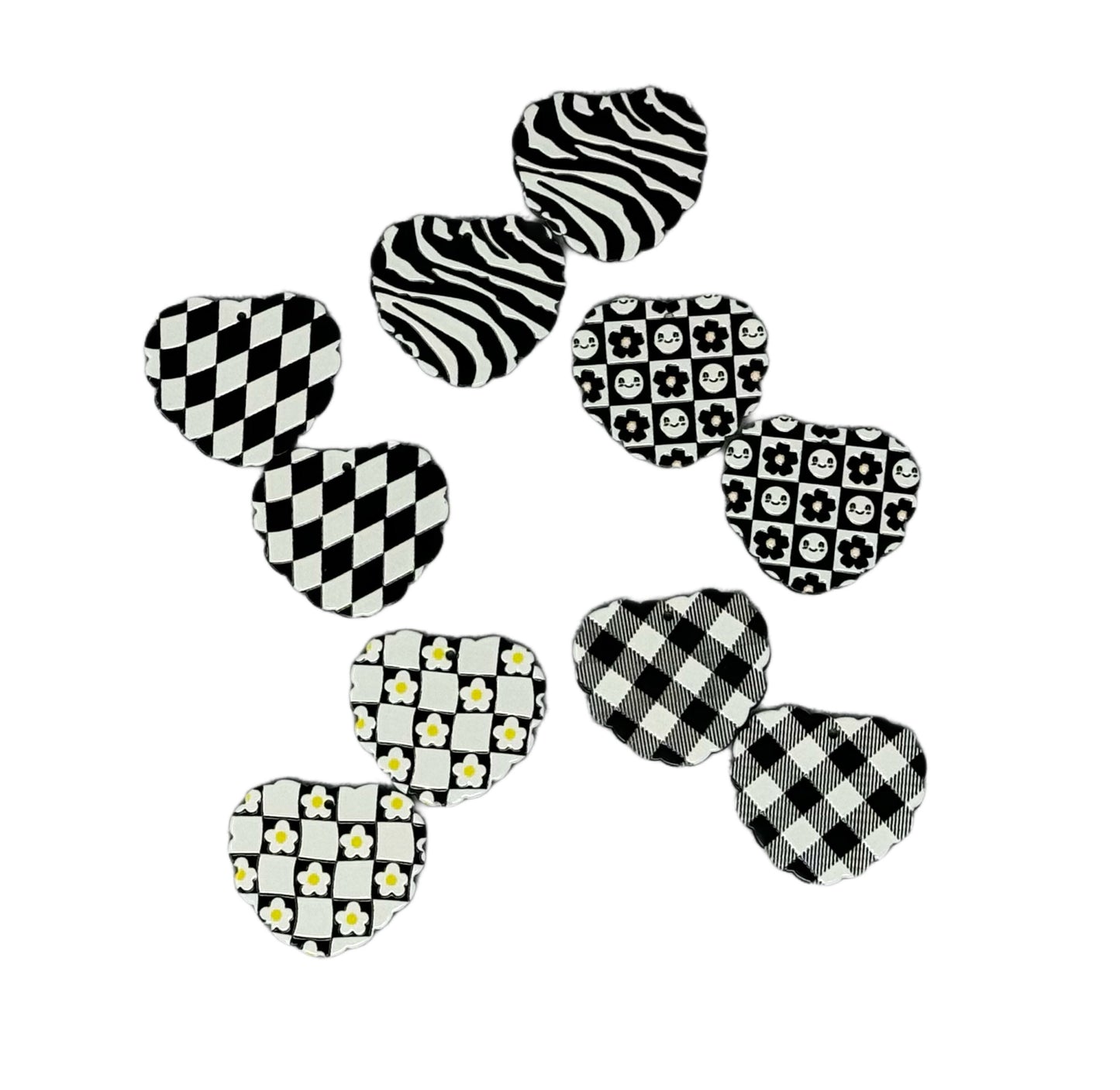 Large 30mm Acrylic Black and White Patterned Heart Pendants for Keychain, Earrings, Bracelet and more of Your DIY Creations