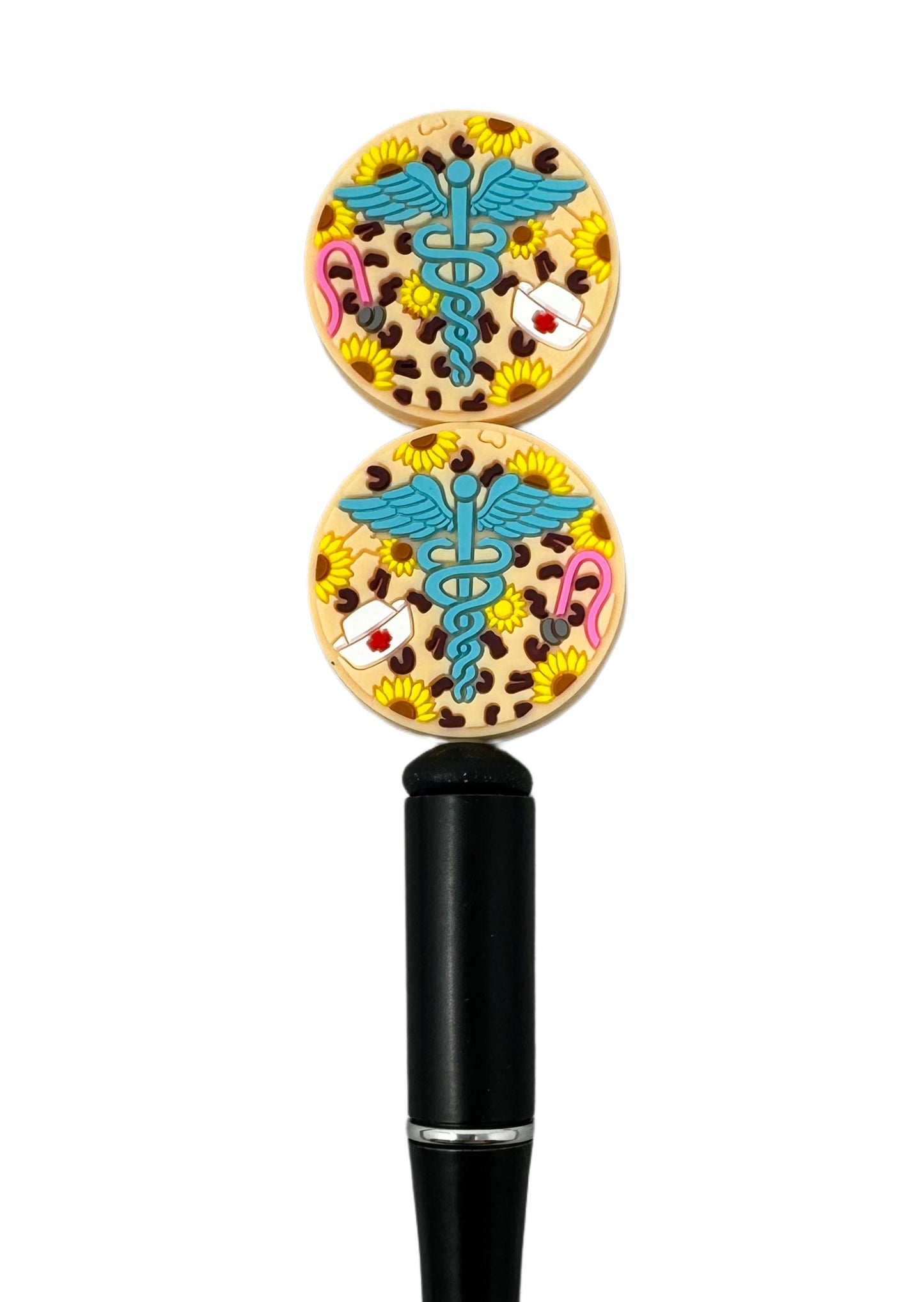 Nurse with Sunflowers and Leopard Animal Print Silicone Focal Bead for Beadable Pens, Stylus, Pencils, Keychains and More.