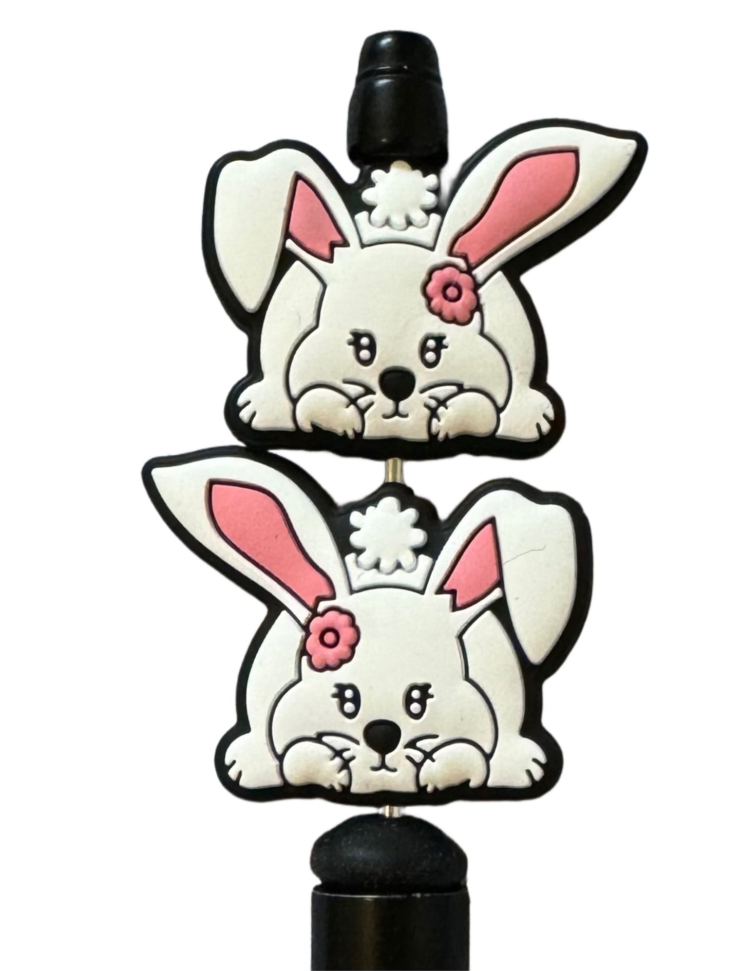 Cute White Bunny with Floppy Ears and Pink Flower Silicone Focal Bead for Beadable Pens, Stylus, Pencils, Keychains and More