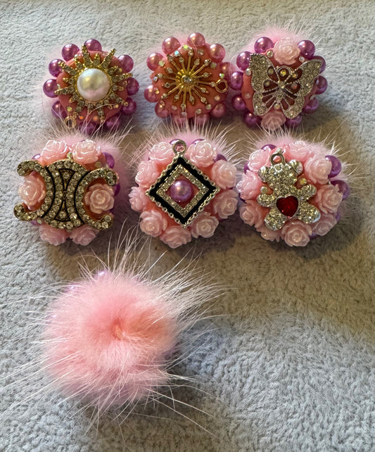 5 Pieces Pretty 30mm Fluffy Faux Fur Beads with Charms and Rhinestone and Pearl Accents for Beadable Pen Stylus Keychain Bracelet and More