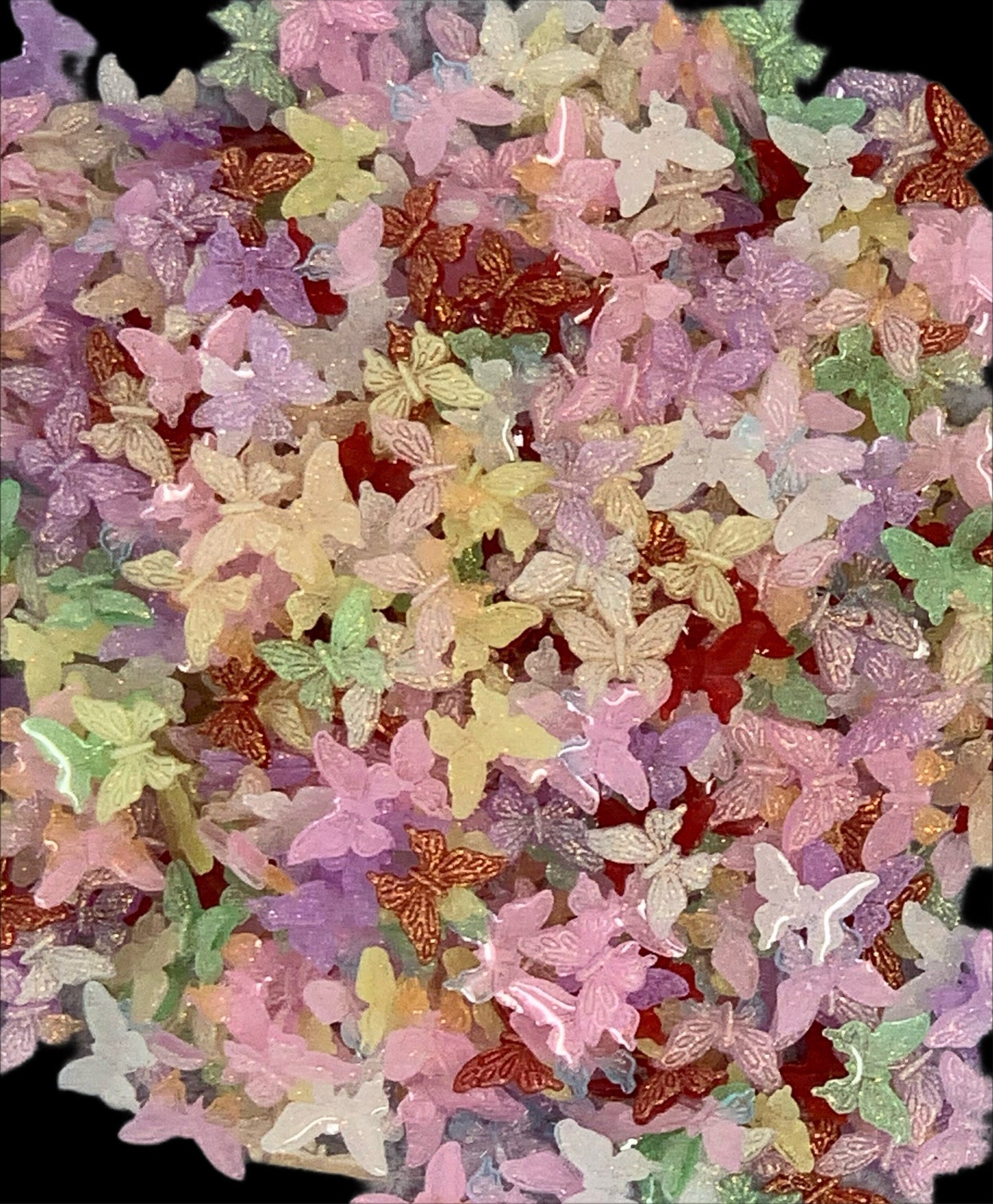 New Price! 11mm Colored Transparent Butterfly with Glitter Nail Charm Mixed Butterflies Cabochon DYI Phone Cases Scrapbook Hair Accessories