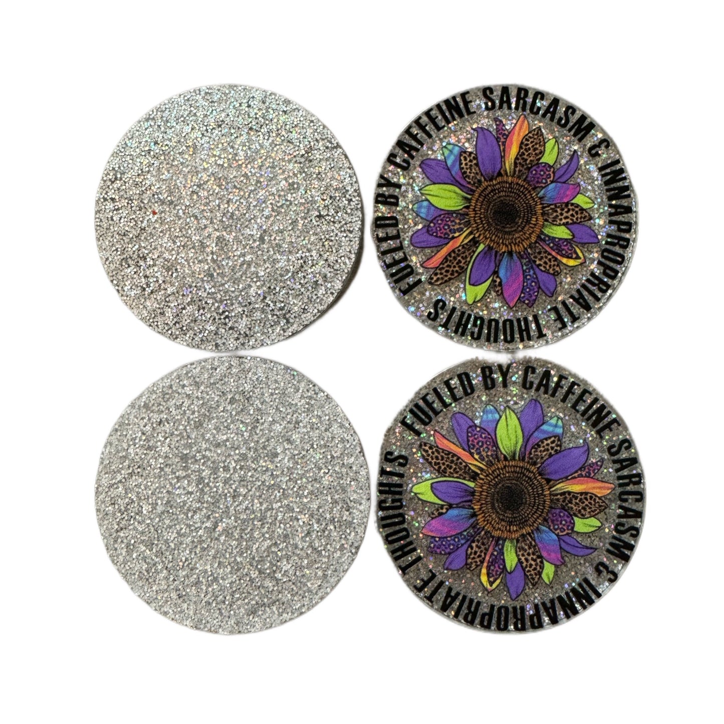 5 Pieces Fueled by Caffeine, Sarcasm and Inappropriate Thoughts Flatback One Sided Planar Acrylic for Keychains, Badge Reels, Earrings More!