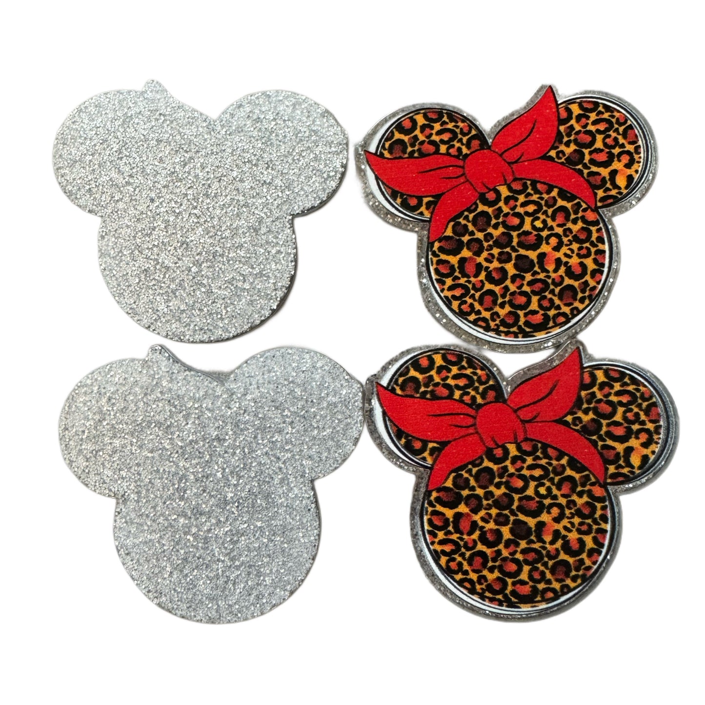 5 Pieces Minnie Mouse Head with Leopard Print and Red Bow Planar Acrylic for Keychains, Badge Reels, Earrings and More!