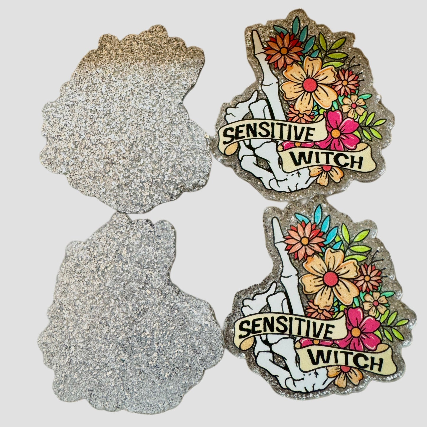5 Pieces Sensitive Witch with Skeleton Hand and Flowers Planar Acrylic for Keychains, Badge Reels, Earrings and More!