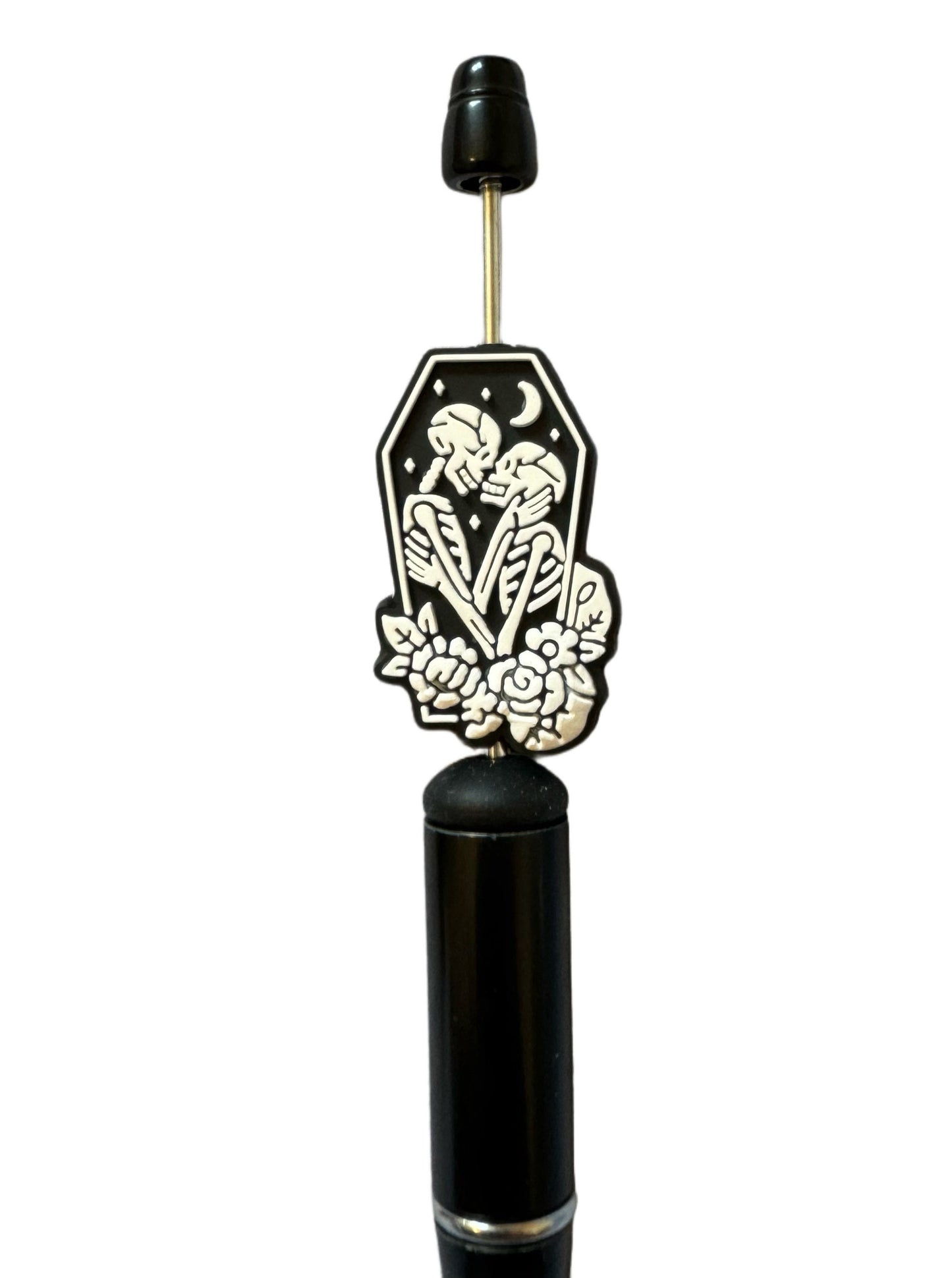 Skeleton’s in Love with Coffin and Flowers. Gothic Style. Silicone Focal Bead for Beadable Pens, Stylus, Pencils, Keychains and More