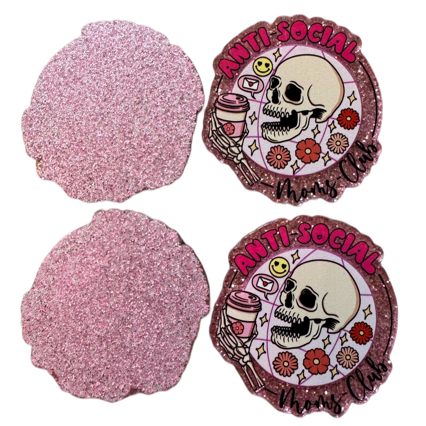 5 Pieces Anti-Social Moms Club with Skull Flatback One Sided Planar Acrylic for Keychains, Badge Reels, Earrings and More!