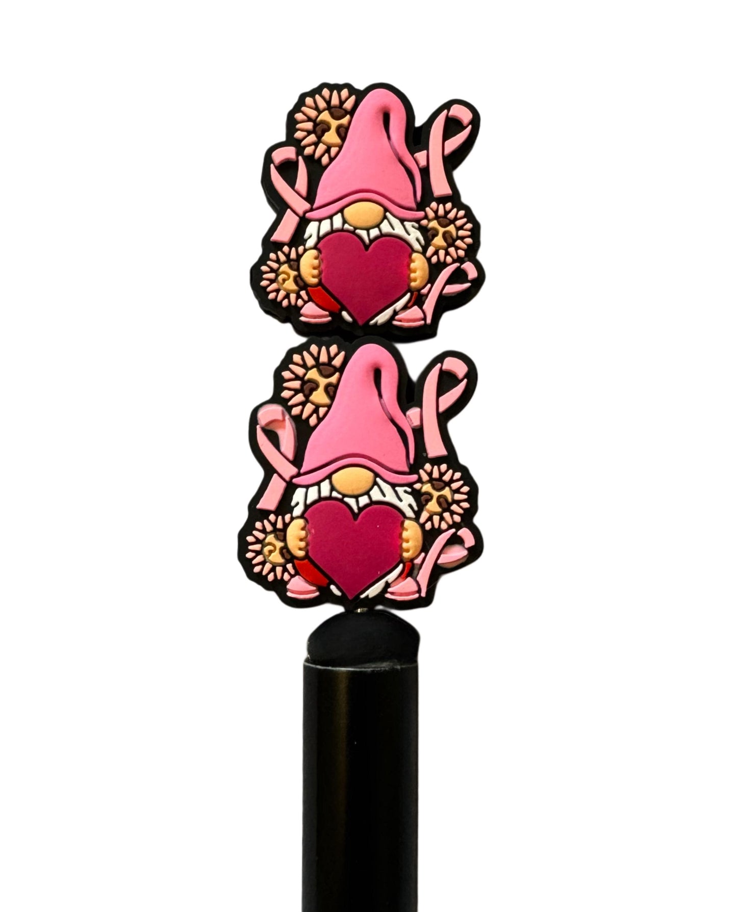 Cute Gnome with Pink Breast Cancer Ribbons, Flowers and Heart Silicone Focal Bead for Beadable Pens, Stylus, Pencils, Keychains and More