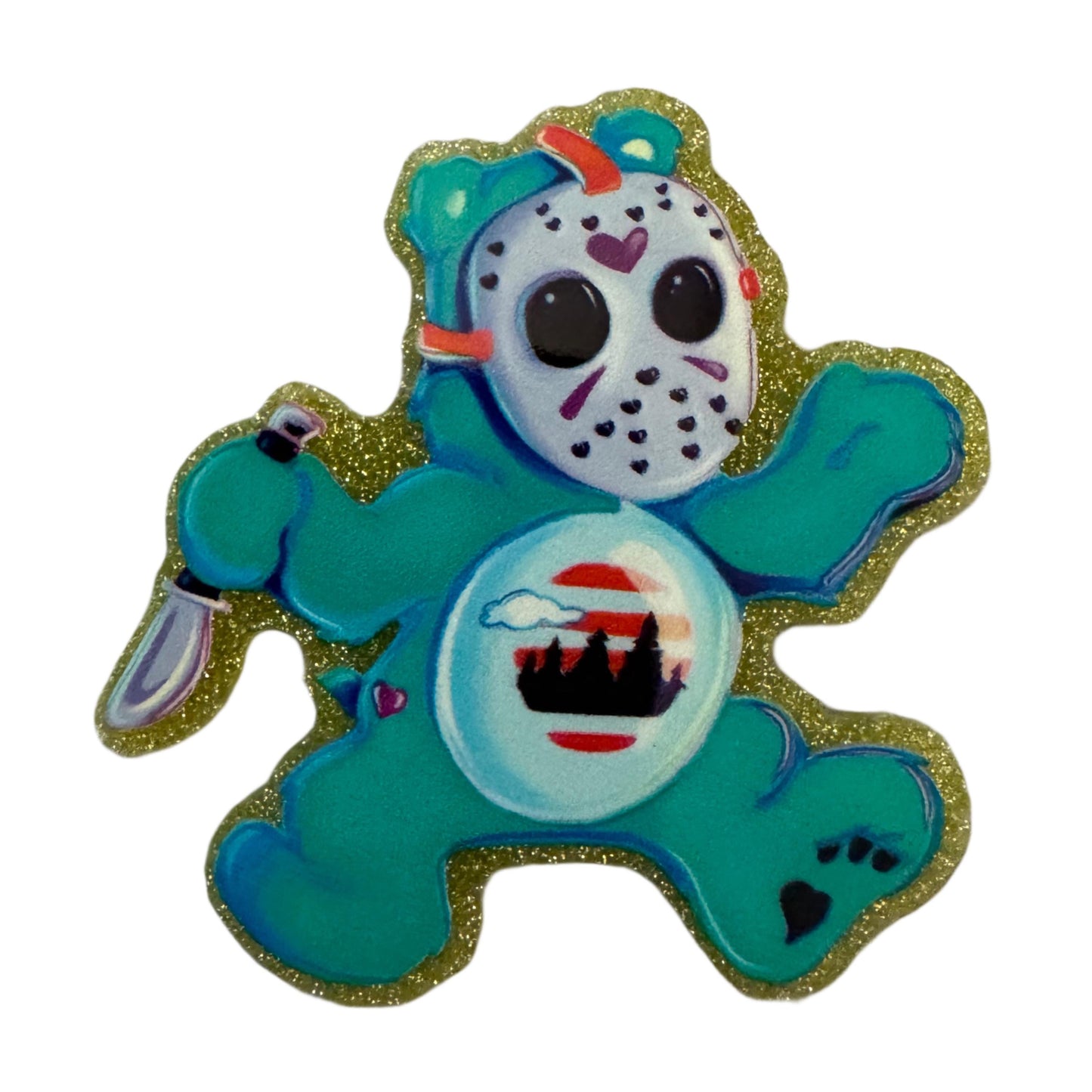 5 Pieces Jason Care Bear Friday the 13th Halloween Horror Flatback One Sided Planar Acrylic Glitter Back for Keychains, Badge Reels, & More