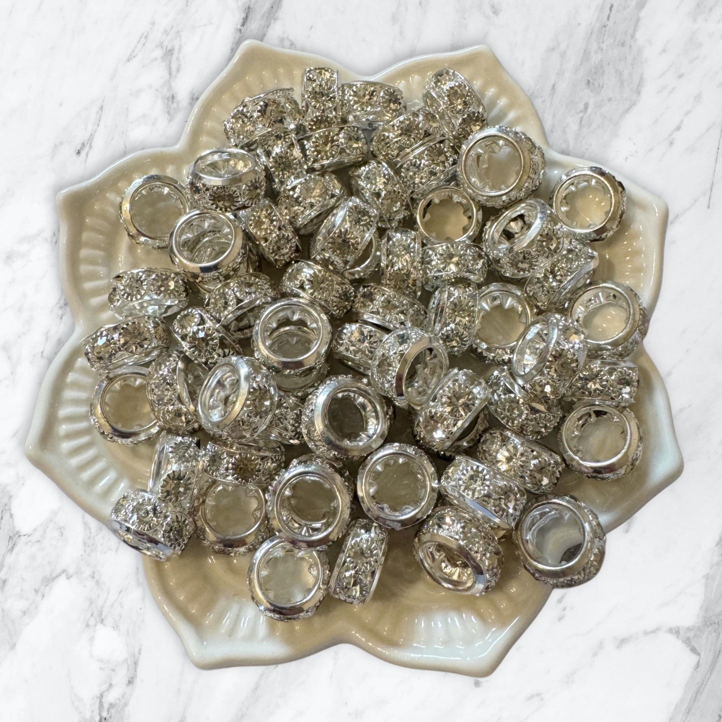 10 Pieces 12mm Silver Metal and Clear Rhinestone Spacers with Large Hole. Great for Bracelets, Necklaces, Beadable Pens and More!