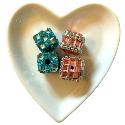 4 Pieces Gorgeous 15mm Chunky Rhinestone and Clay Cube Square Beads Mix for Beadable Pens, Keychains, Bracelets, Earrings and More!