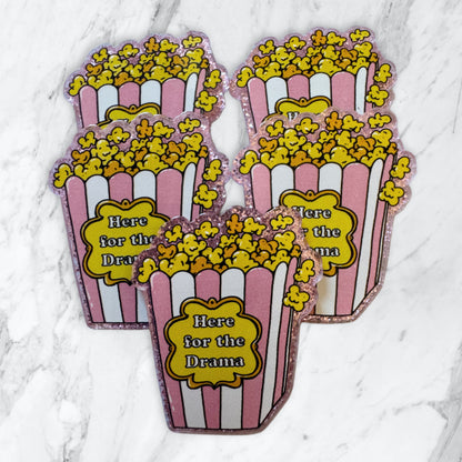 5 Pieces Just Here for the Drama Popcorn Box One Sided Flatback Planar Acrylic with Glitter Back for Keychains, Badge Reels, Earrings and More!