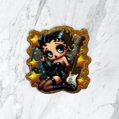 5 Pieces Betty Boop Rock and Roll Guitar Flatback One Sided Planar Acrylic with Glitter Back for Keychains, Badge Reels, Earrings and More!