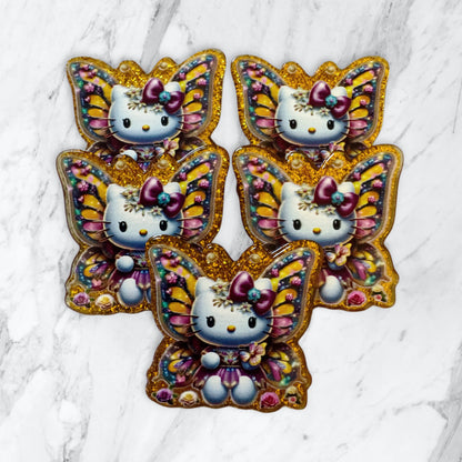 5 Pieces Hello Kitty Butterfly Flatback One Sided Planar Acrylic with Glitter Back for Keychains, Badge Reels, Earrings & More!