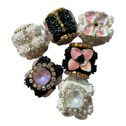 Black and White 16.5mm Acrylic Flower Cube Square Beads with Rhinestones and Pearls for Beadable Pens, Keychains, Bracelets, Earrings & More!