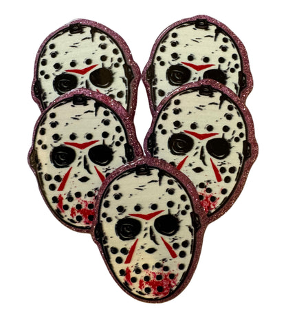 5 Pieces Jason Mask Halloween Horror Characters Flatback One Sided Planar Acrylic with Glitter Back for Keychains, Badge Reels, Earrings & More!
