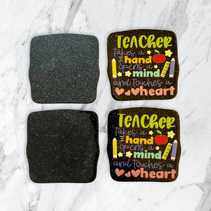 5 Pieces Teacher Takes a Hand Opens a Mind and Touches a Heart Flatback One Sided Planar Acrylic with Glitter Back for Keychains, Badge Reels, Earrings and More!
