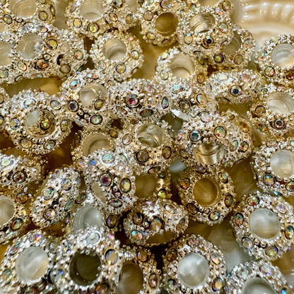 10 Pieces 12mm High Quality White Silver Metal and AB Rhinestone Spacer Beads with Large Hole for Beadable Pens, Keychains, Bracelets & More