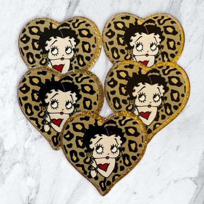 5 Pieces Betty Boop in a Gold Leopard Print Heart Flatback One Sided Planar Acrylic with Glitter Back for Keychains, Badge Reels, Earrings and More!