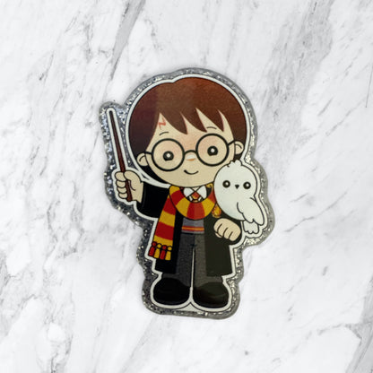 5 Pieces Harry the Wizard with Owl and Wand Flatback One Sided Glitter Back Planar Acrylic for Keychains, Badge Reels, Earrings and More!
