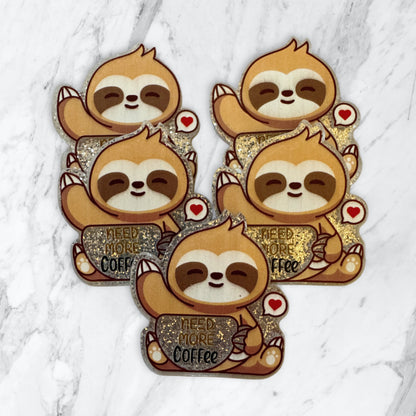5 Pieces Need More Coffee with Cute Sloth and Coffee Cup Flatback One Sided Glitter Back Planar Acrylic for Keychains, Badge Reels, Earrings and More!