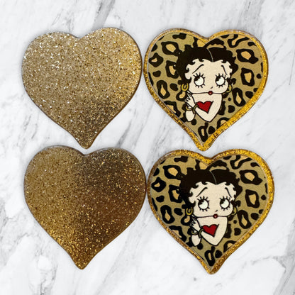 5 Pieces Betty Boop in a Gold Leopard Print Heart Flatback One Sided Planar Acrylic with Glitter Back for Keychains, Badge Reels, Earrings and More!