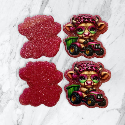 5 Pieces Cute Mini Cow on a Tractor Farming One Sided Flatback Planar Acrylic with Glitter Back for Keychains, Badge Reels, Earrings and More!
