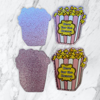 5 Pieces Just Here for the Drama Popcorn Box One Sided Flatback Planar Acrylic with Glitter Back for Keychains, Badge Reels, Earrings and More!